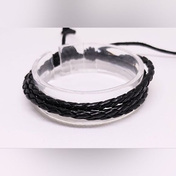 None Other - Men's bracelet leather braided layered black new e13